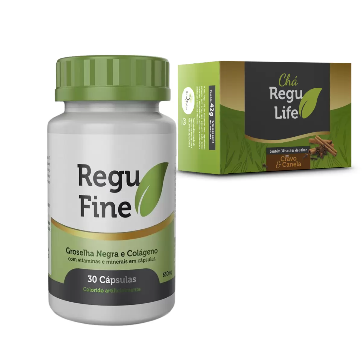 REGU FINE EMAGRECEDOR + CHÁ REGU LIFE SABOR CRAVO E CANELA 30 SACHES - BEM ESTAR LIFE