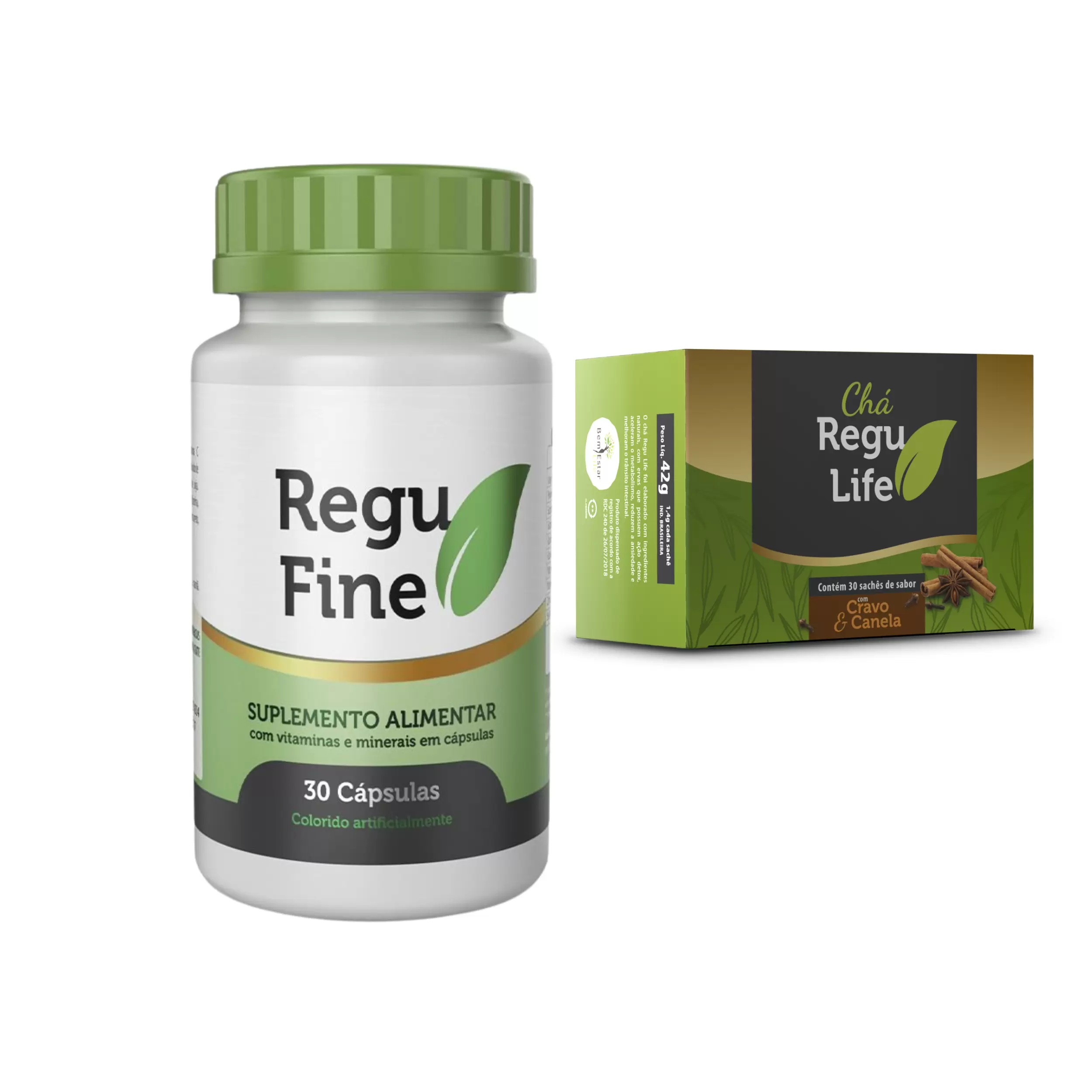REGU FINE EMAGRECEDOR + CHÁ REGU LIFE SABOR CRAVO E CANELA 30 SACHES - BEM ESTAR LIFE