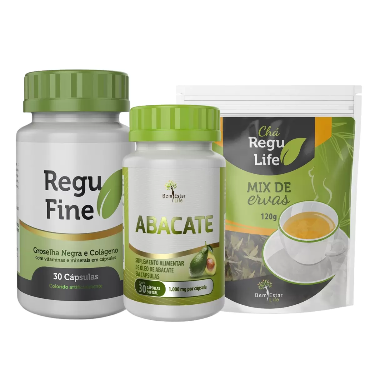 REGU FINE + ÓLEO DE ABACATE + CHÁ REGU LIFE PACOTE - TRIO EMAGRECEDOR FORTE BEM ESTAR LIFE