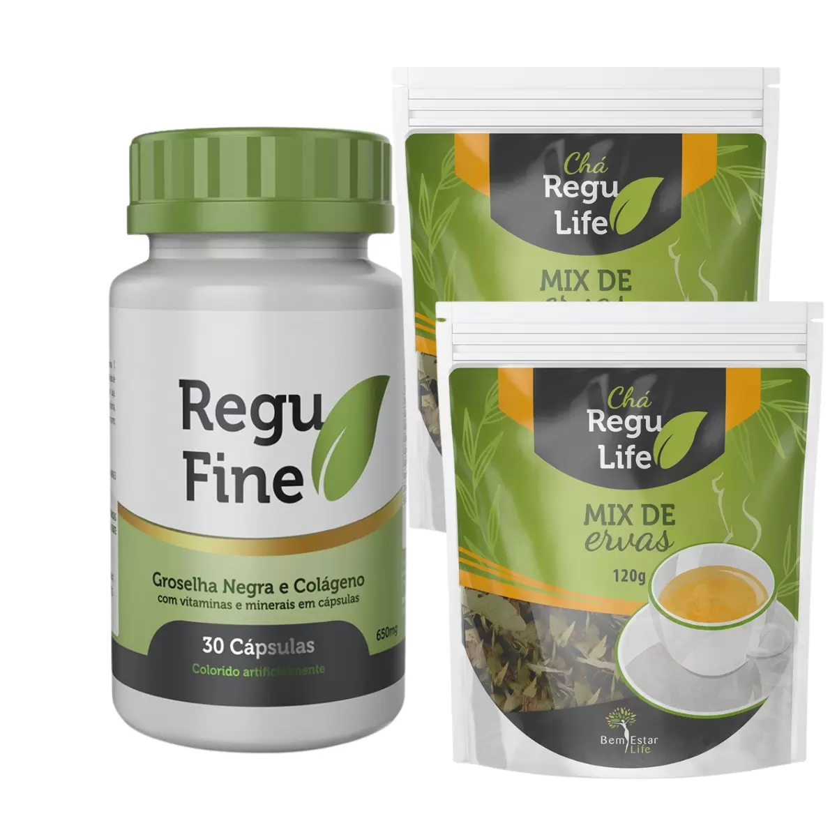 REGU FINE E 2 PACOTES DE CHÁ REGU LIFE - COMBO EMAGRECEDOR 5X MAIS FORTE BEM ESTAR LIFE